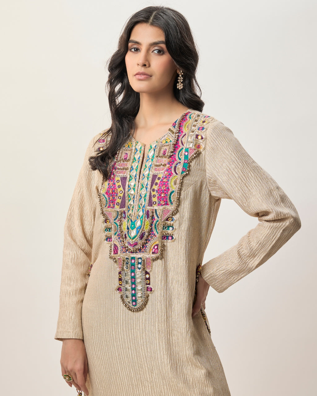 Nouriya Gold Crushed Tissue Embroidered Yoke Beyza Kaftan