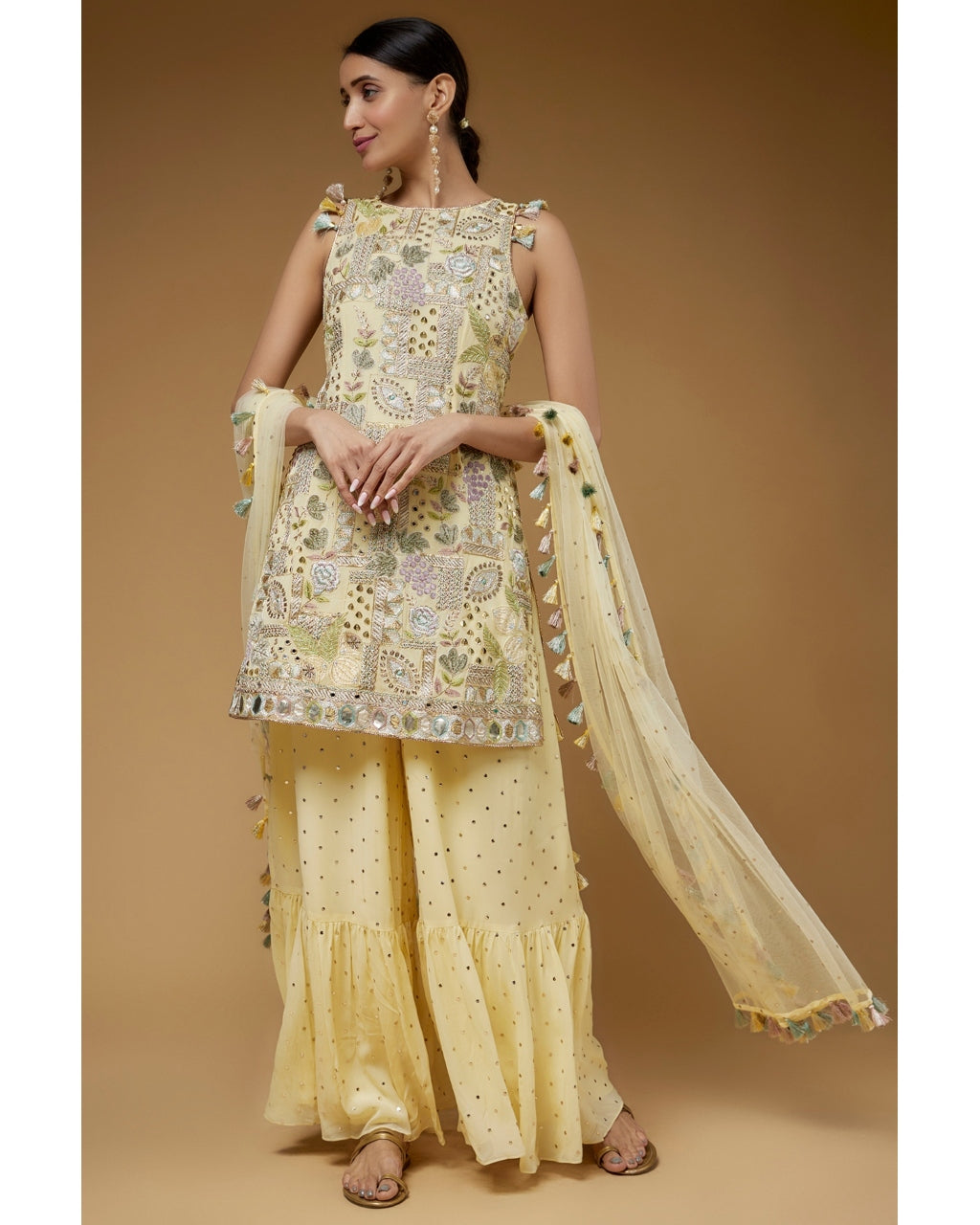 Pale Yellow Embroidered Back Tie-Up Kurta With Frill Sharara Set