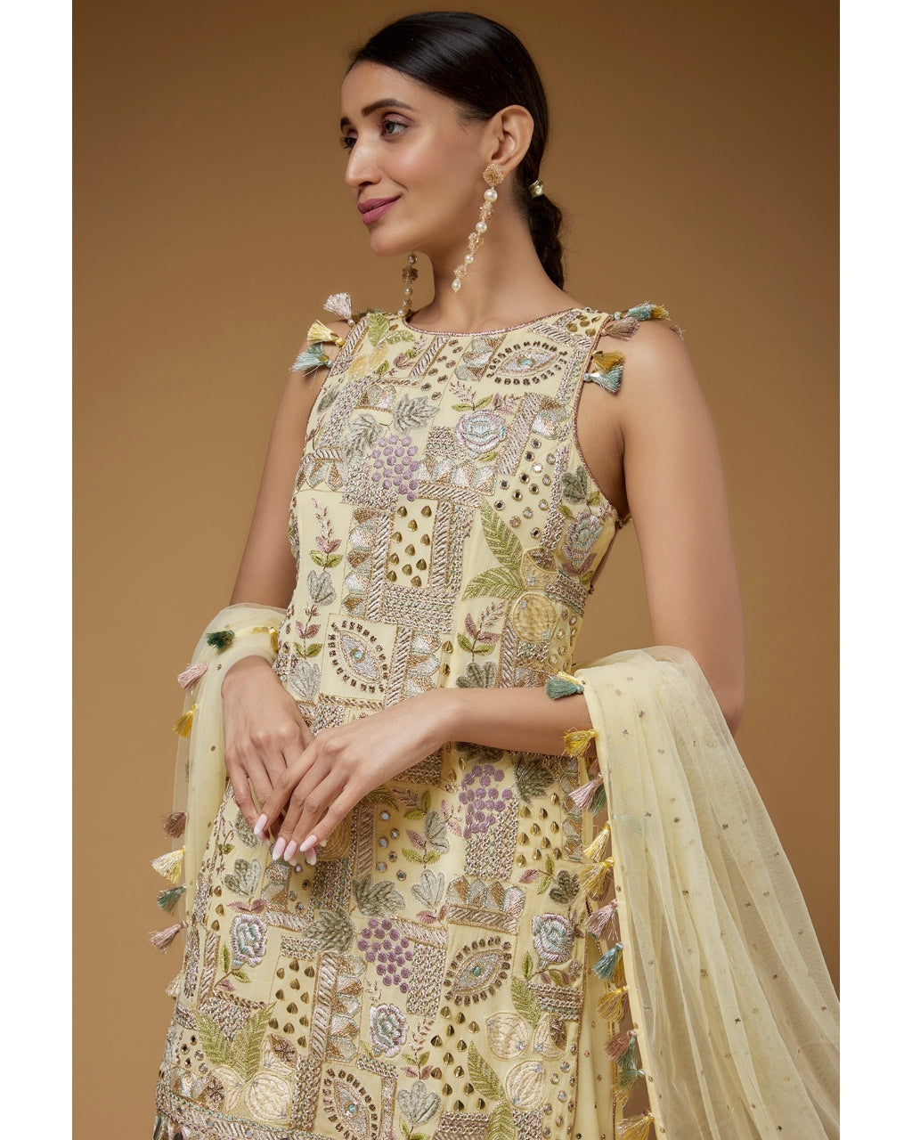 Pale Yellow Embroidered Back Tie-Up Kurta With Frill Sharara Set