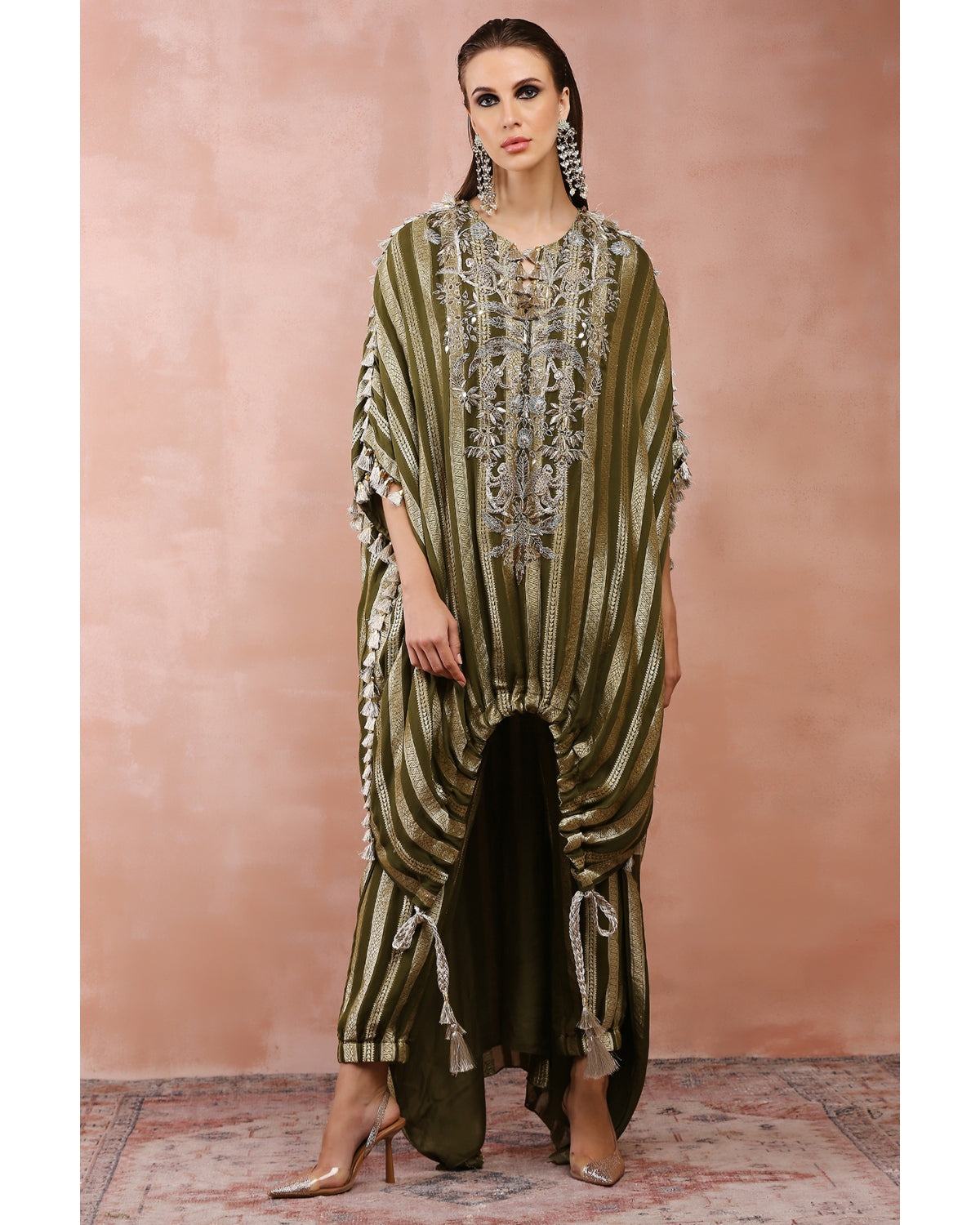 Olive Embroidered High Low Kaftan With Jogger Pant