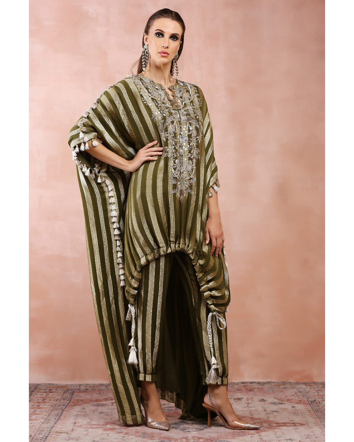Olive Embroidered High Low Kaftan With Jogger Pant