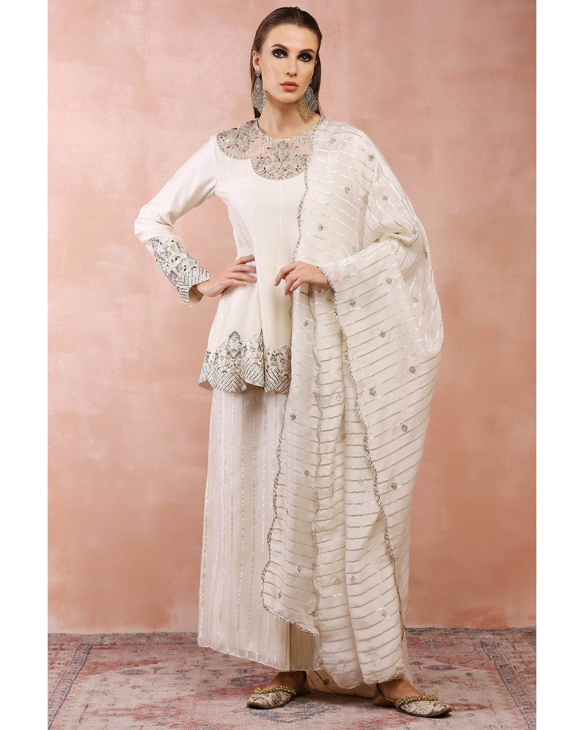 Off White Embroidered Kurta With Palazzo And Dupatta