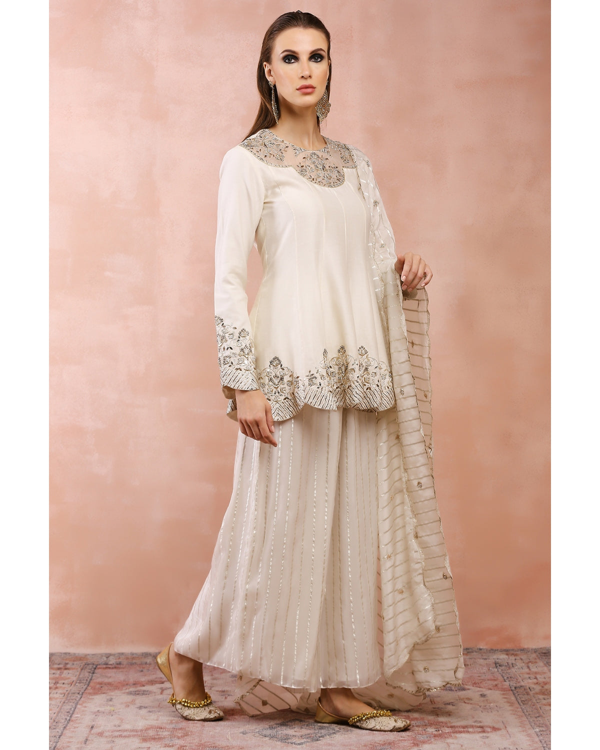 Off White Embroidered Kurta With Palazzo And Dupatta by Payal singhal
