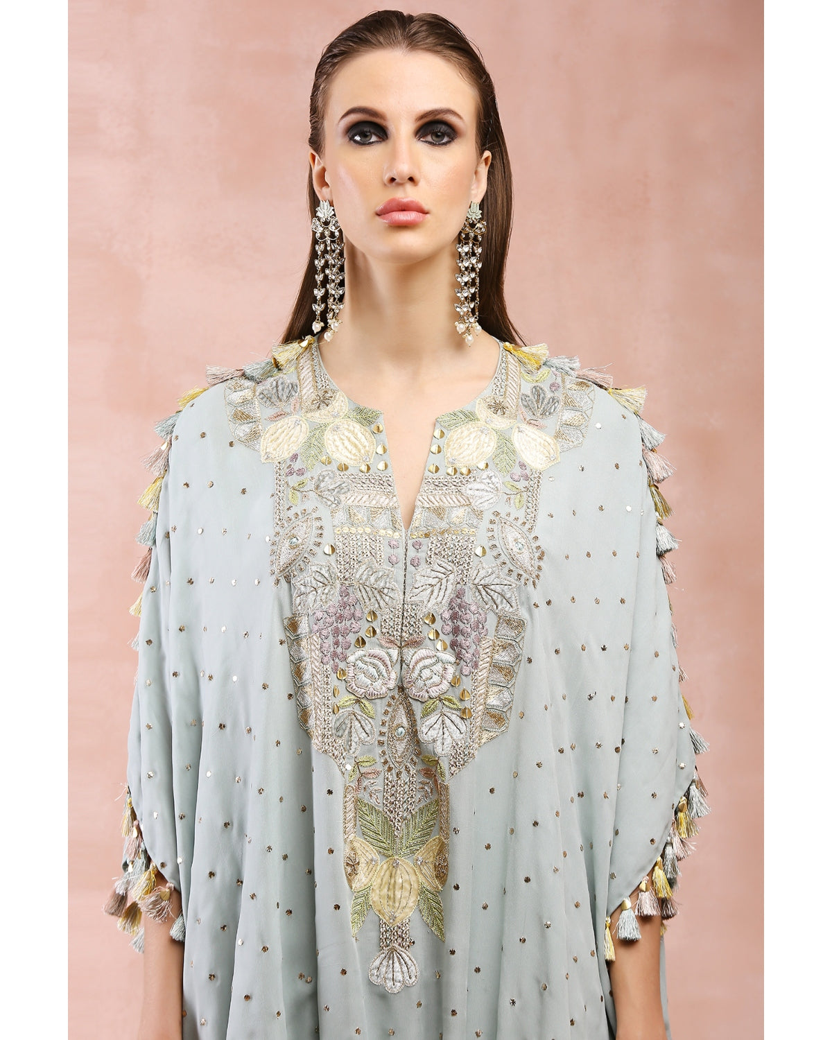 Powder Blue Applique Embroidered High Low Kurta With Jogger Pant
