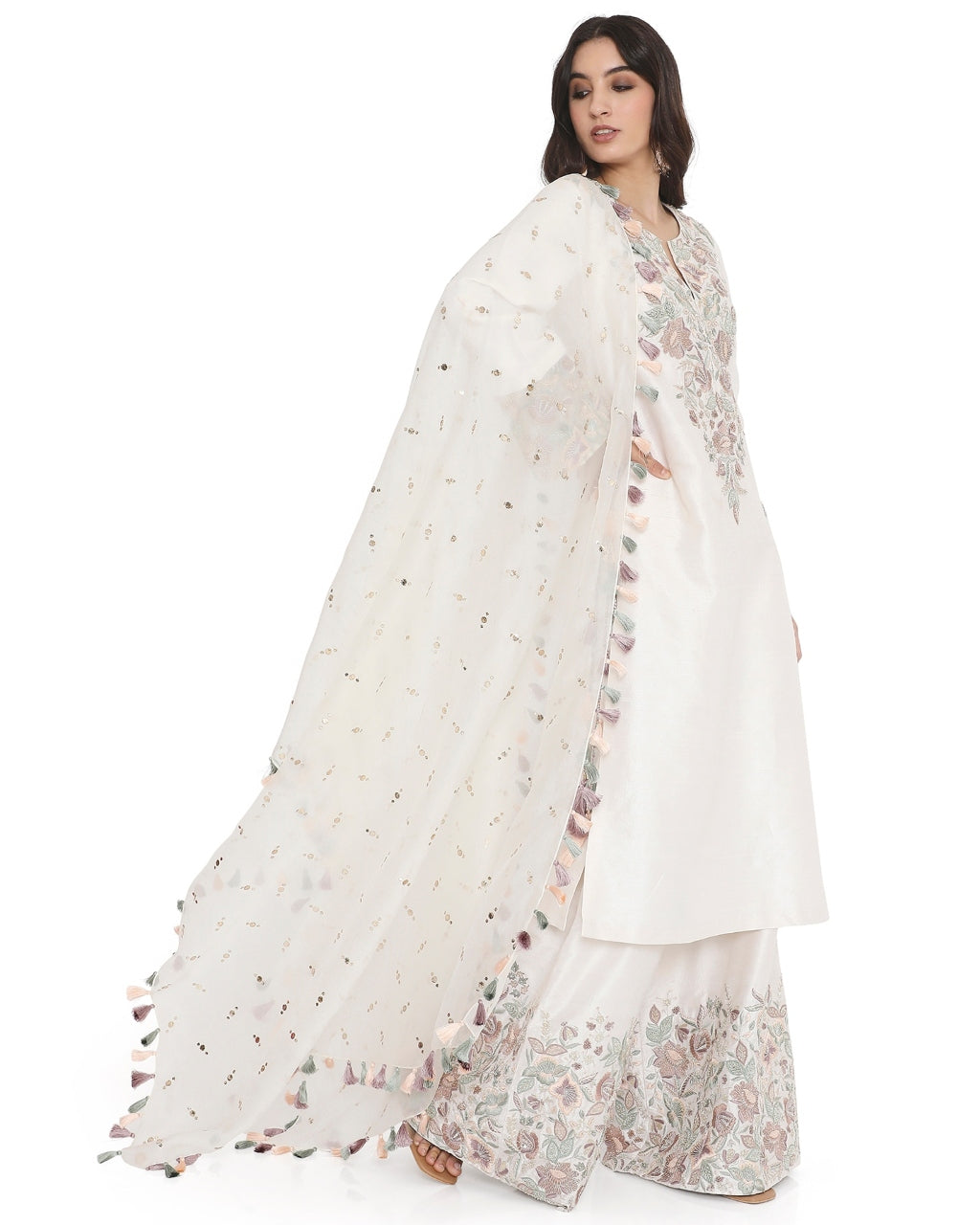 Ivory Embroidered Kurta And Embroidered Palazzo With Dupatta