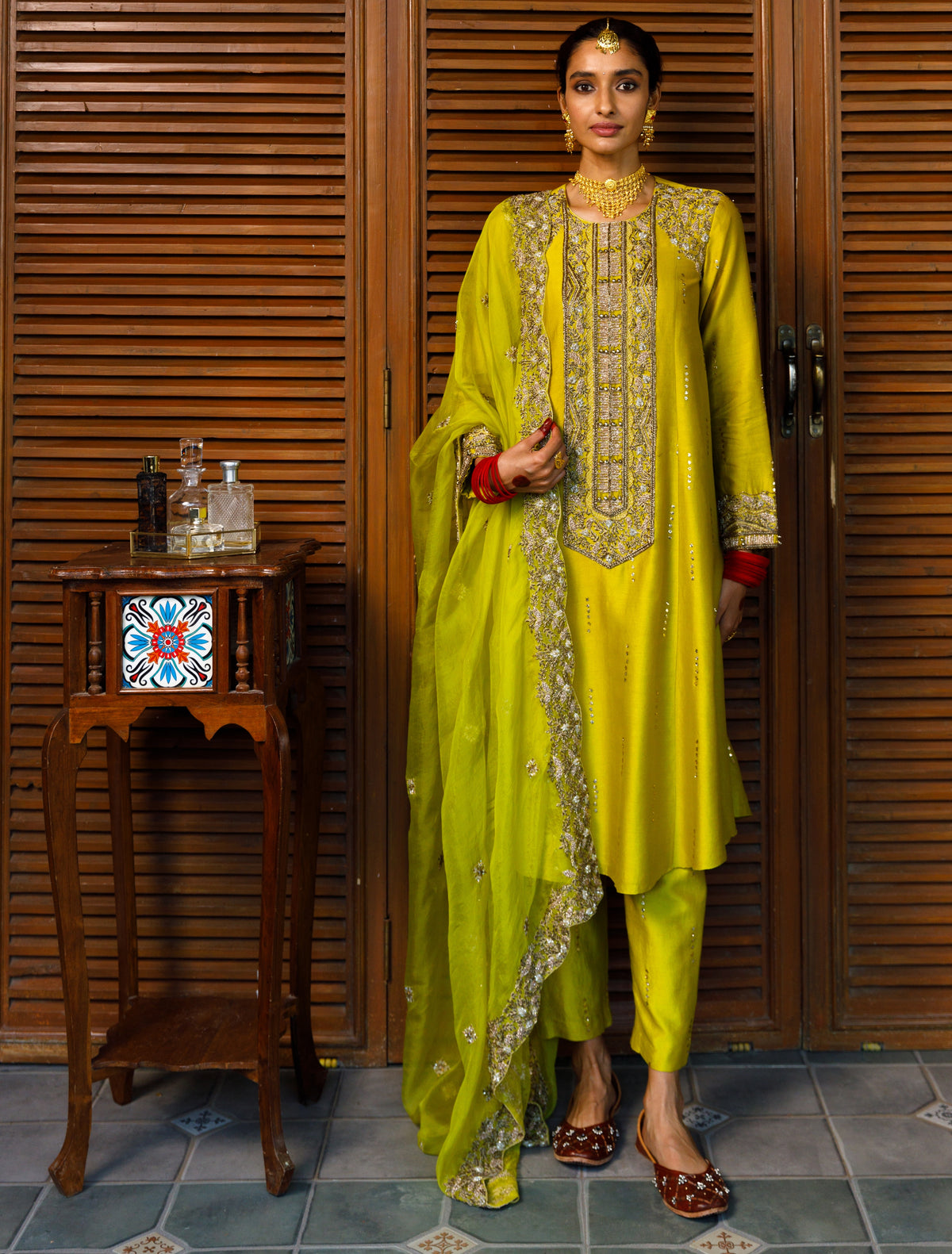 Ruksaan Olive Green Embroidered Yoke Kurta And Pant With Embroidered Dupatta Set