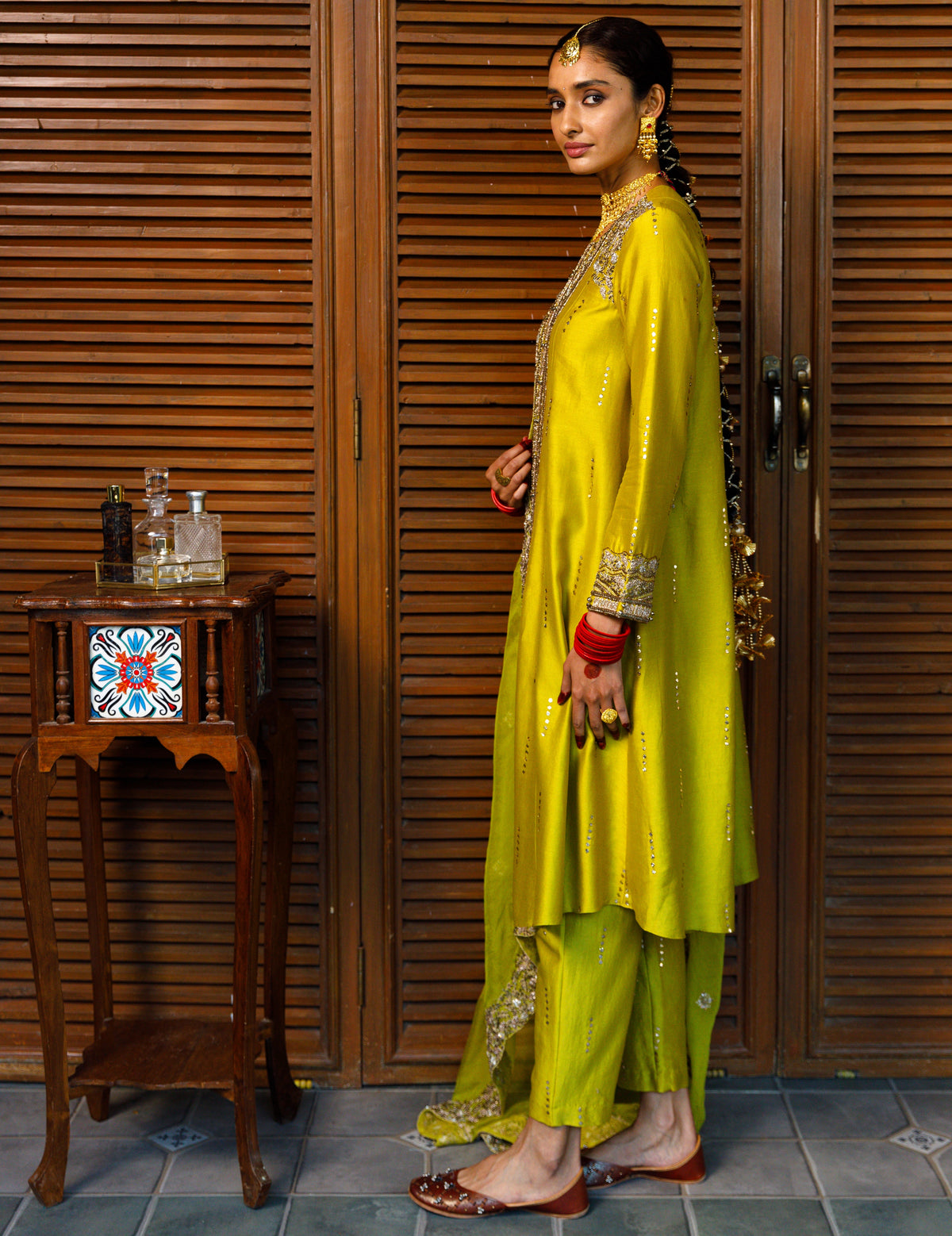 Ruksaan Olive Green Embroidered Yoke Kurta And Pant With Embroidered Dupatta Set