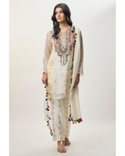 Shirin Off-White Organza Embroidered Yoke Kurta With Brocade Palazzo And Mul Dupatta