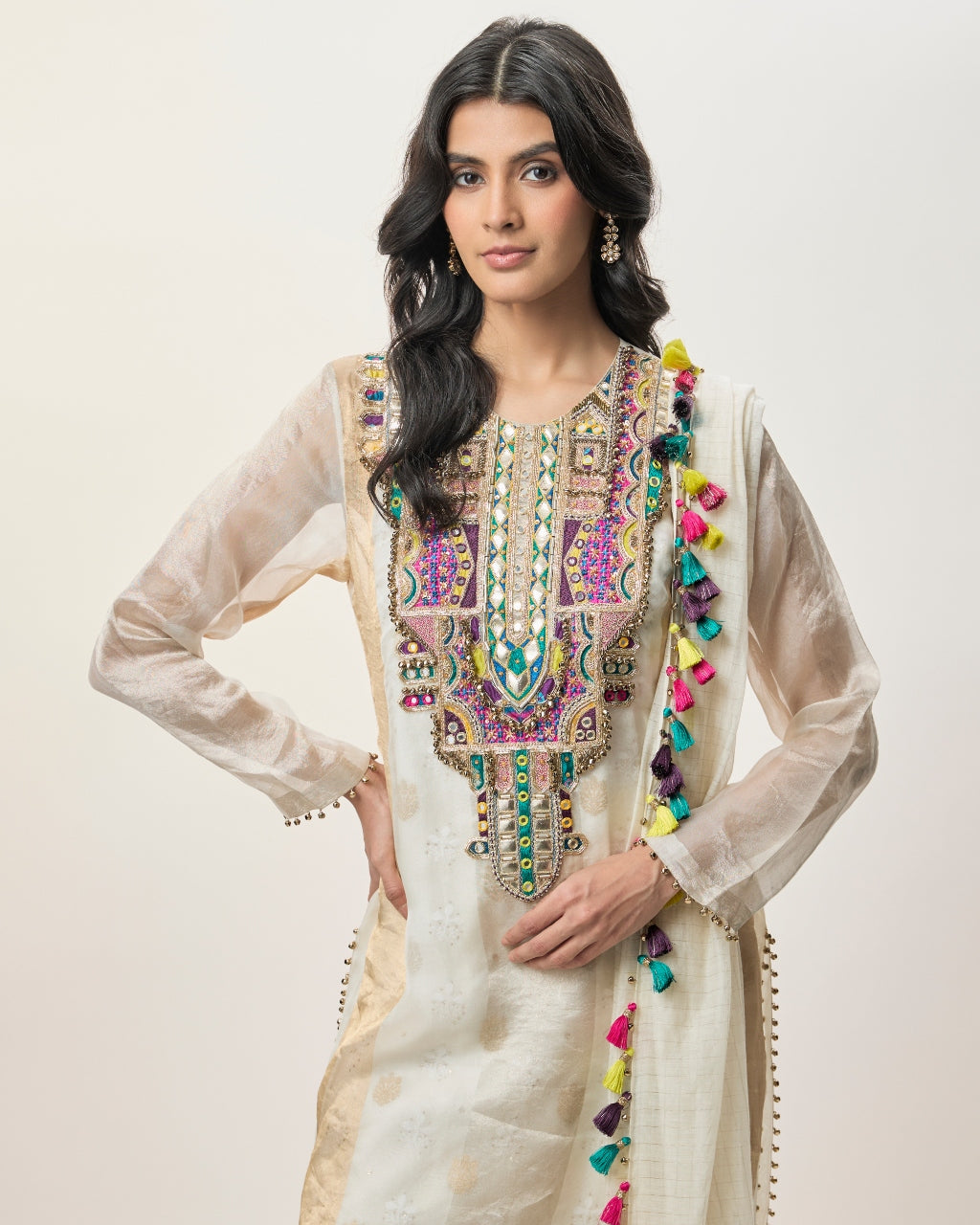 Shirin Off-White Organza Embroidered Yoke Kurta With Brocade Palazzo And Mul Dupatta
