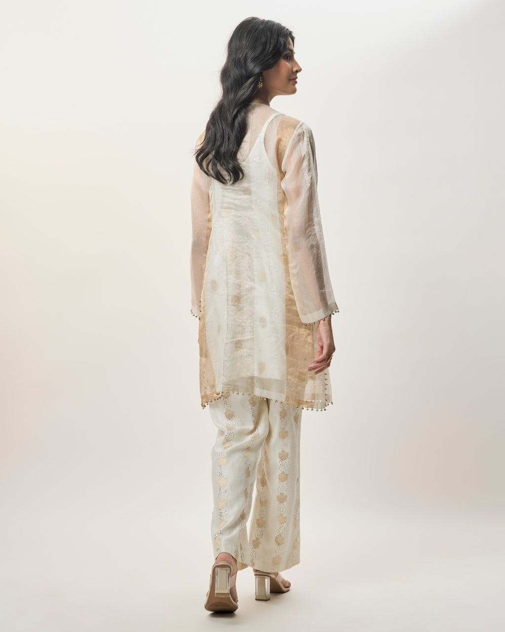 Shirin Off-White Organza Embroidered Yoke Kurta With Brocade Palazzo And Mul Dupatta