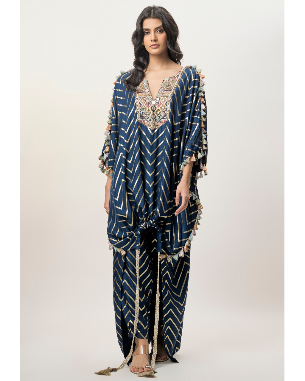 Raniya Navy Blue Dola Silk Embroidered Kaftan And Jogger Pant