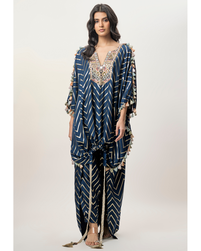 Raniya Navy Blue Dola Silk Embroidered Kaftan And Jogger Pant
