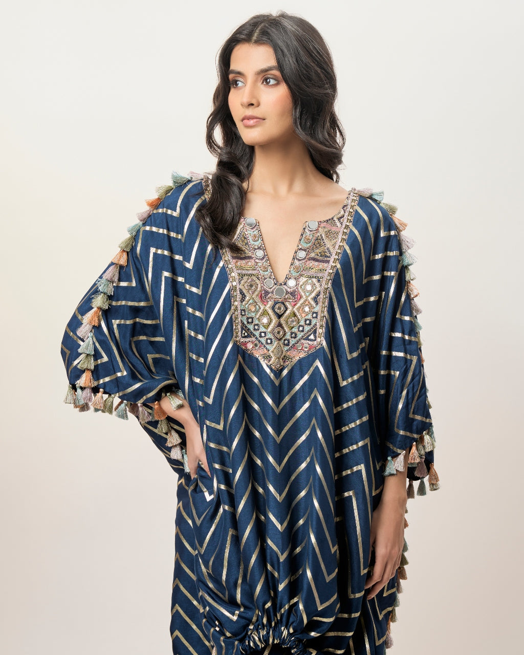 Raniya Navy Blue Dola Silk Embroidered Kaftan And Jogger Pant