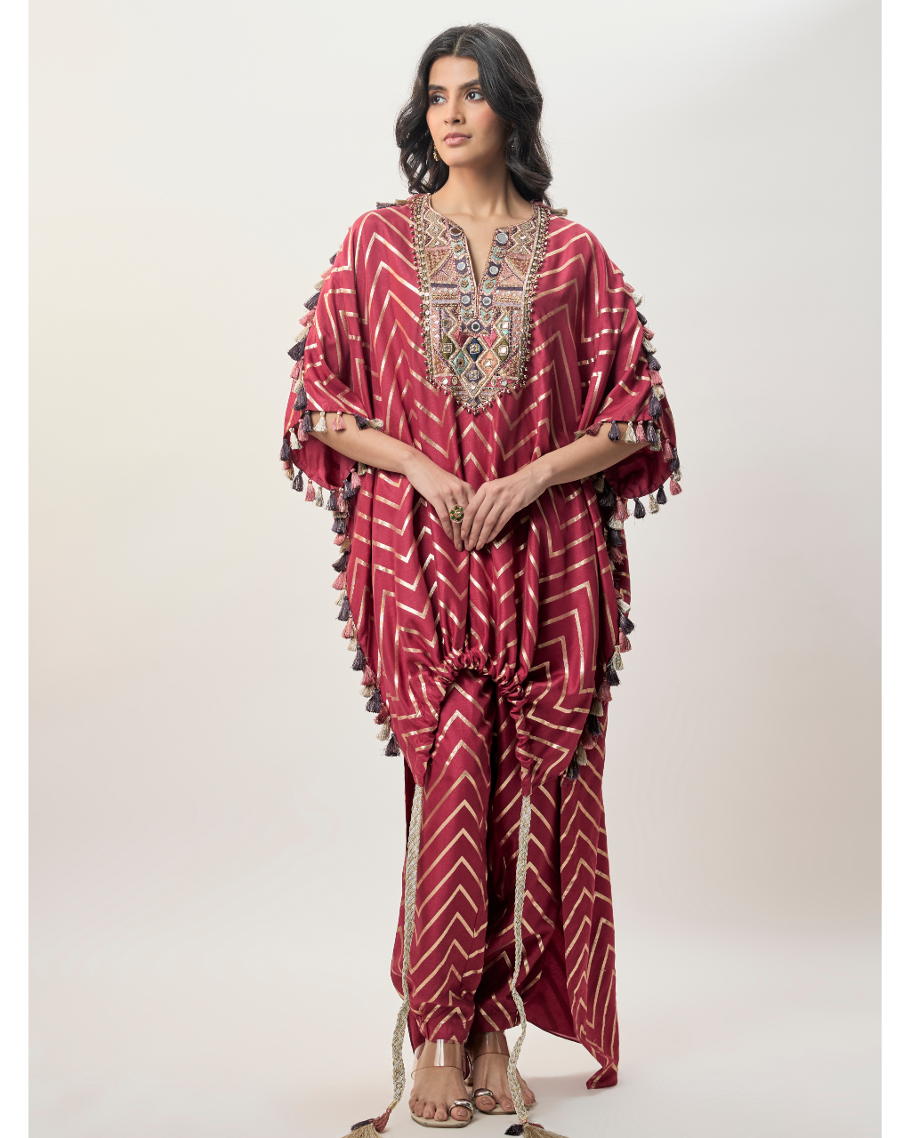 Raniya Cranberry Dola Silk Embroidered Kaftan And Jogger Pant