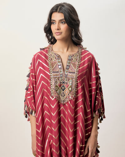 Raniya Cranberry Dola Silk Embroidered Kaftan And Jogger Pant