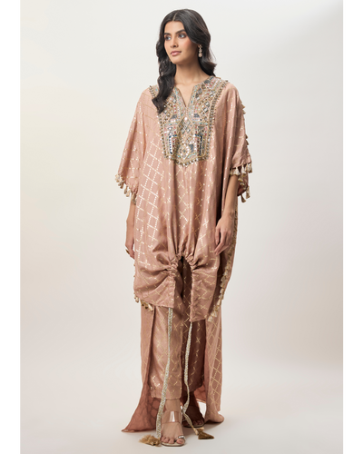 Sanaz Coral Dola Silk Embroidered Kaftan And Jogger Pant