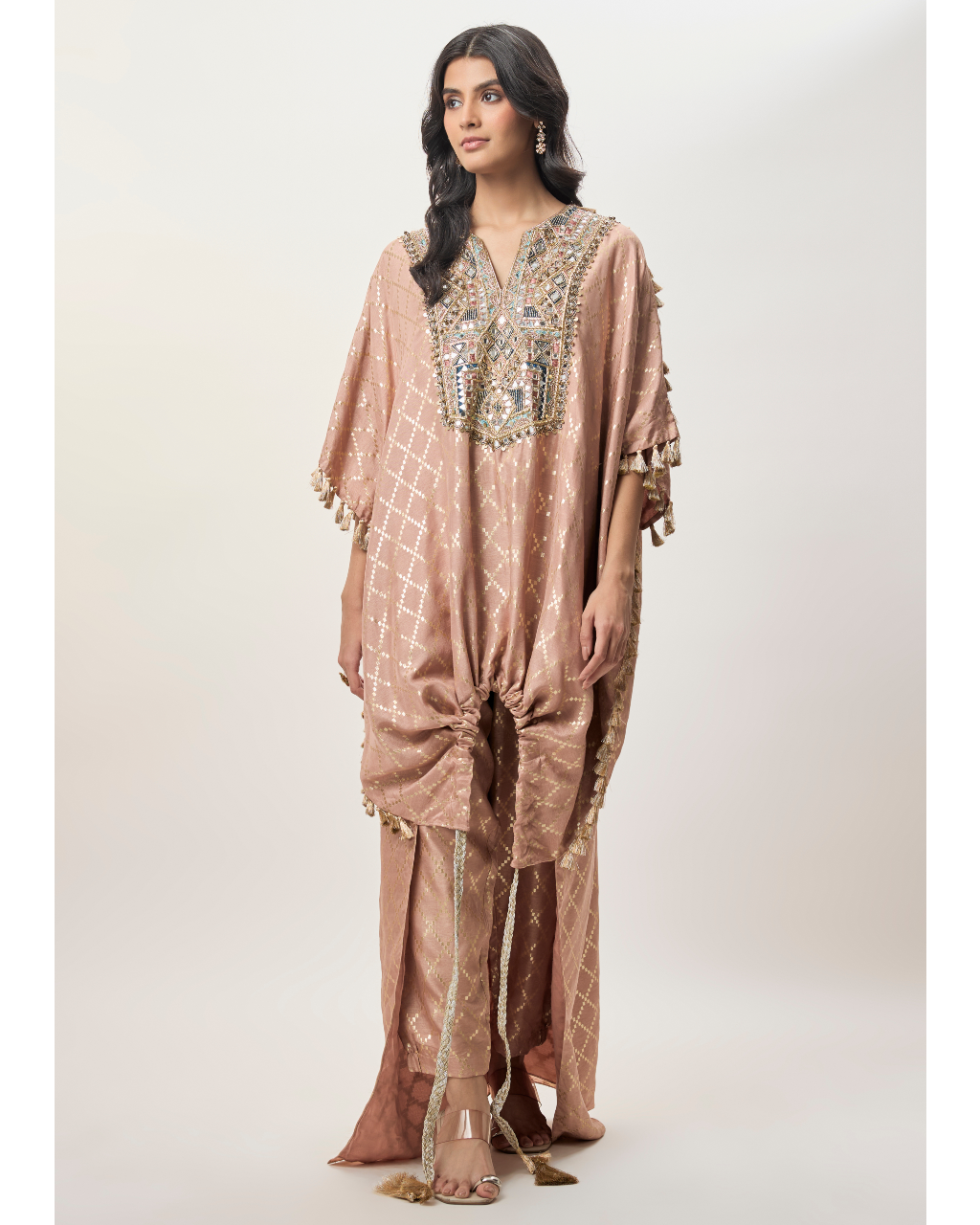 Sanaz Coral Dola Silk Embroidered Kaftan And Jogger Pant