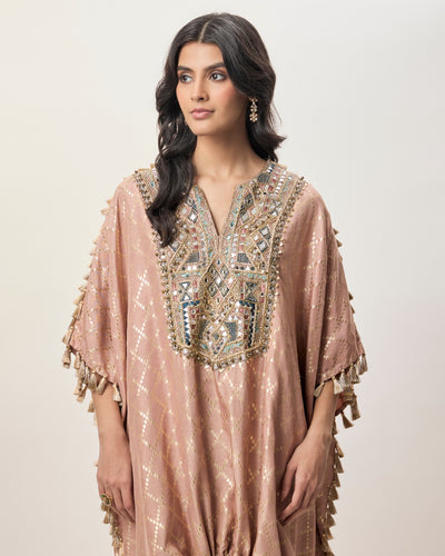 Sanaz Coral Dola Silk Embroidered Kaftan And Jogger Pant