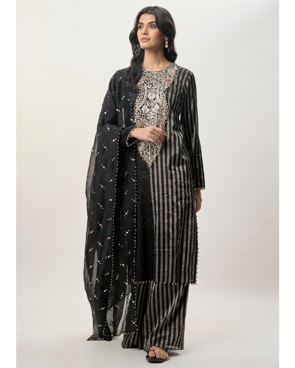 Sabil Black Stripe Tissue Embroidered Kurta With Palazzo And Mukaish Organza Dupatta