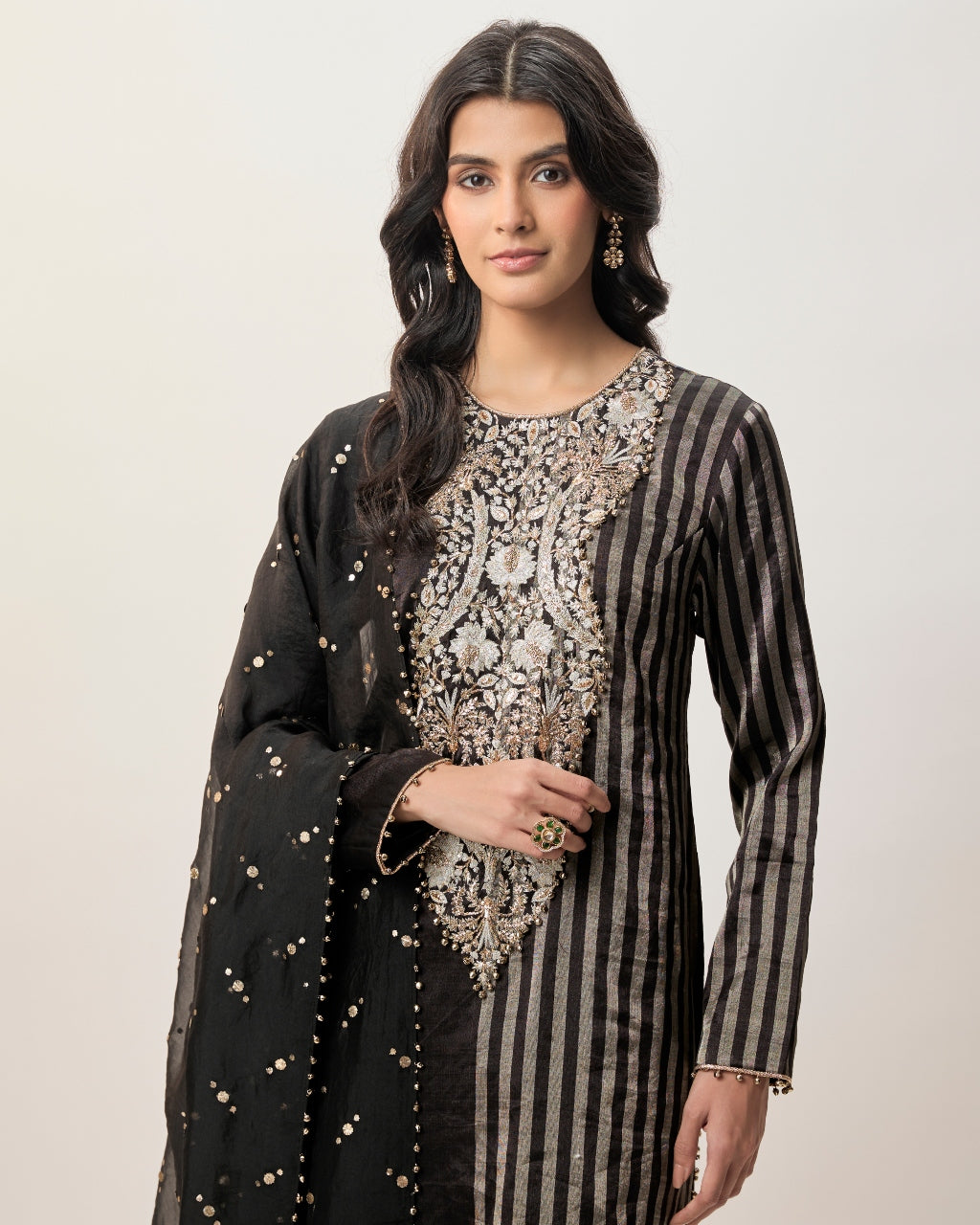 Sabil Black Stripe Tissue Embroidered Kurta With Palazzo And Mukaish Organza Dupatta