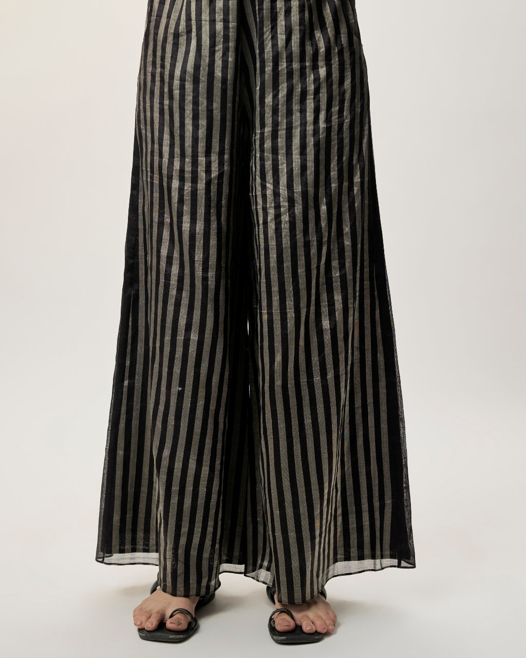 Sabil Black Stripe Tissue Embroidered Kurta With Palazzo And Mukaish Organza Dupatta