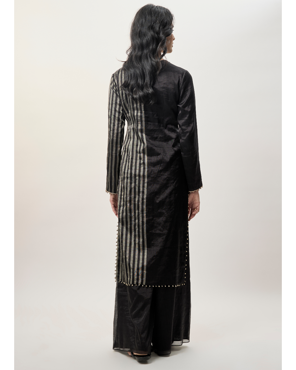 Sabil Black Stripe Tissue Embroidered Kurta With Palazzo And Mukaish Organza Dupatta