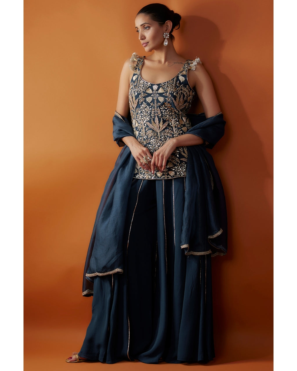 Navy Embroidered Kurta And Sharara Set