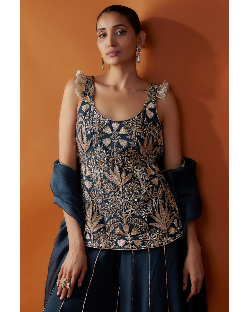 Navy Embroidered Kurta And Sharara Set