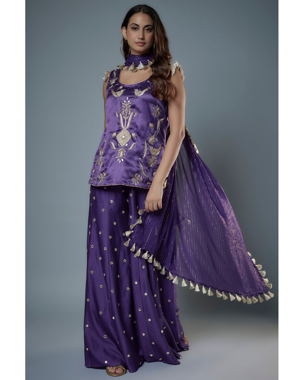 Purple Embroidered Kurta And Sharara Set