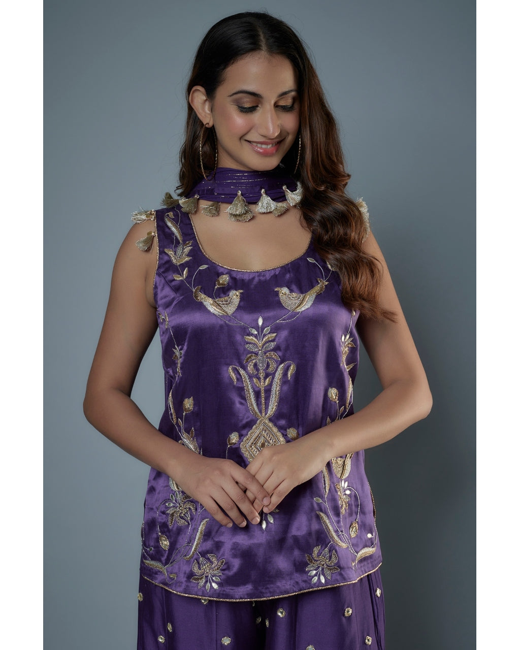 Purple Embroidered Kurta And Sharara Set