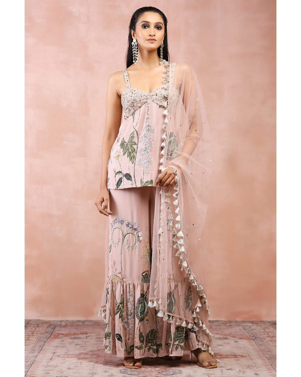 Rose Pink Niloufar Print Embroidered Kurta With Sharara And Dupatta