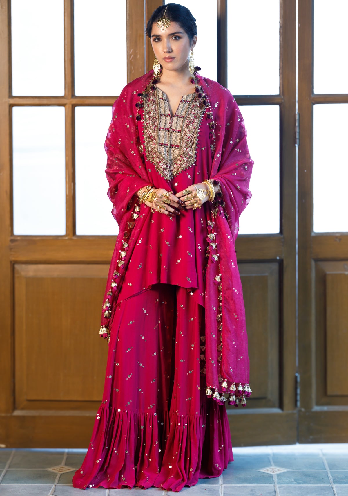 Magenta Pink Embroidered Kaftan And Frill Sharara With Dupatta Set