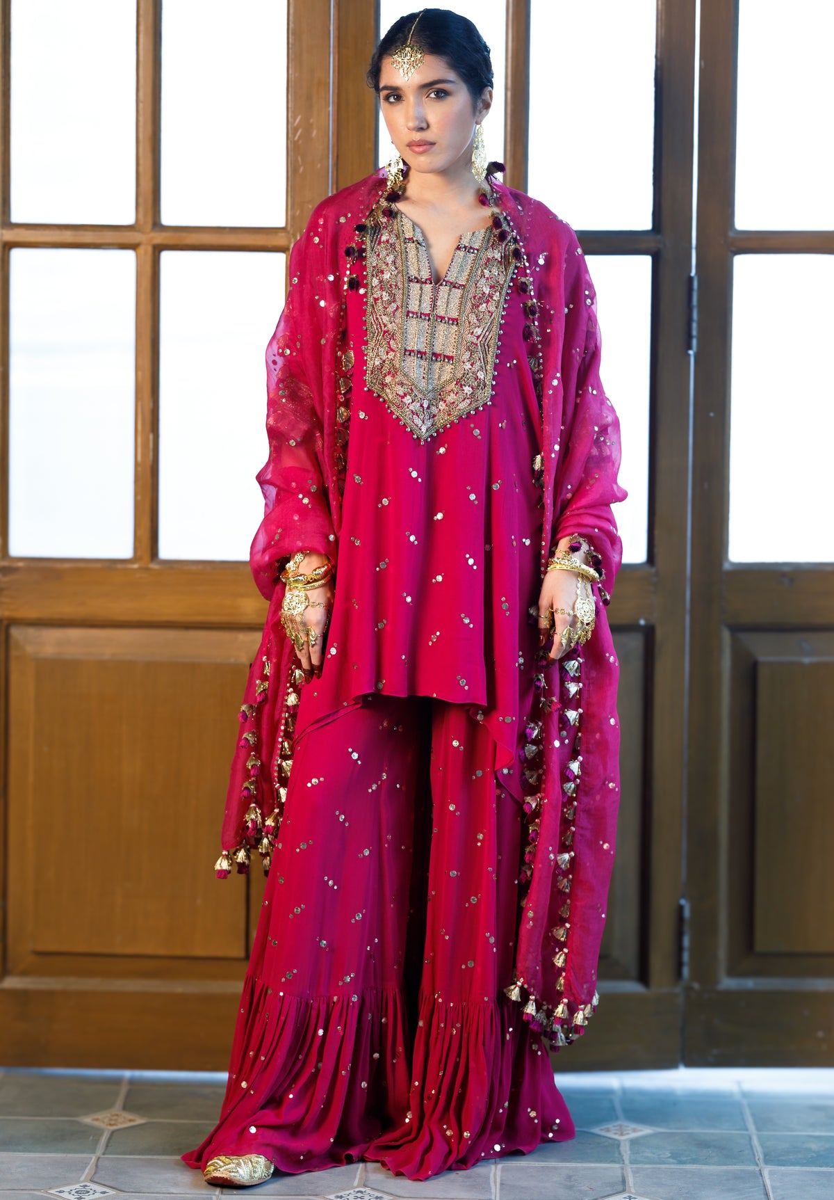 Magenta Pink Embroidered Kaftan And Frill Sharara With Dupatta Set