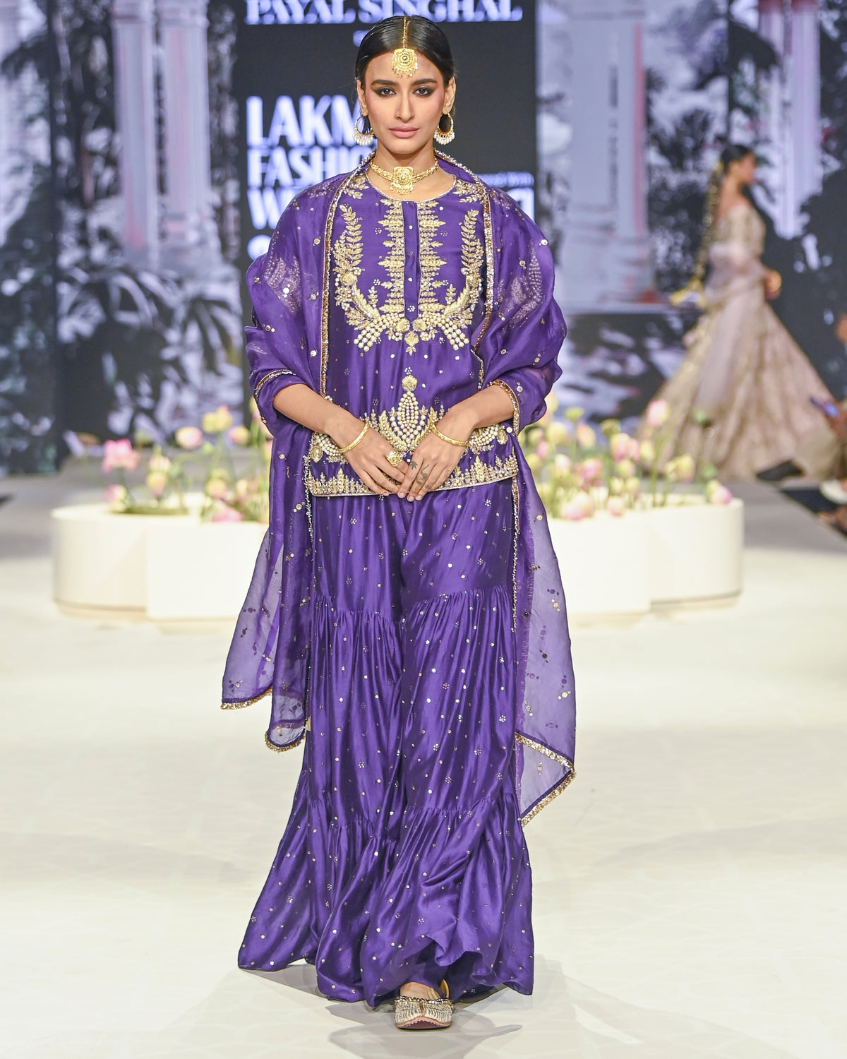 Fatima Purple Embroidered Kurta And Frill Sharara With Dupatta Set