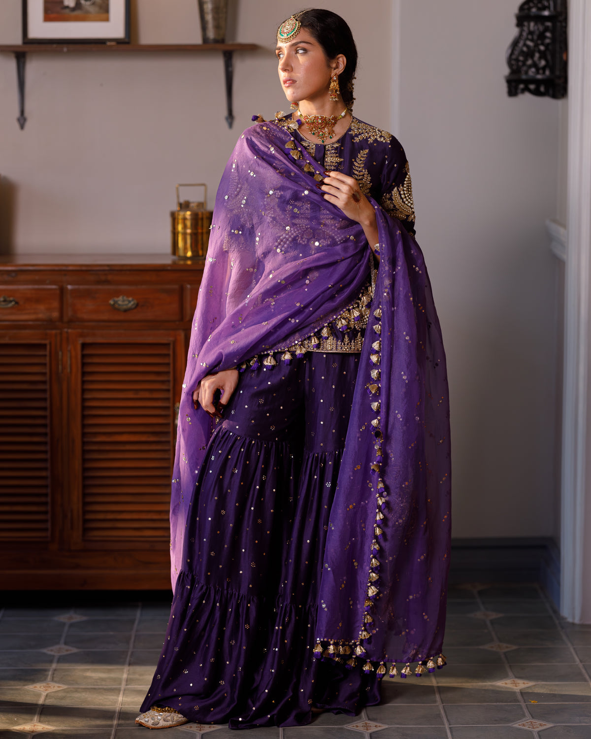 Fatima Purple Embroidered Kurta And Frill Sharara With Dupatta Set