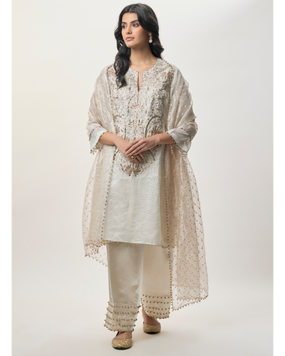 Rangrez Silver Gold Stripe Tissue Embroidered Yoke Kurta With Farshi Salwar And Organza Dupatta