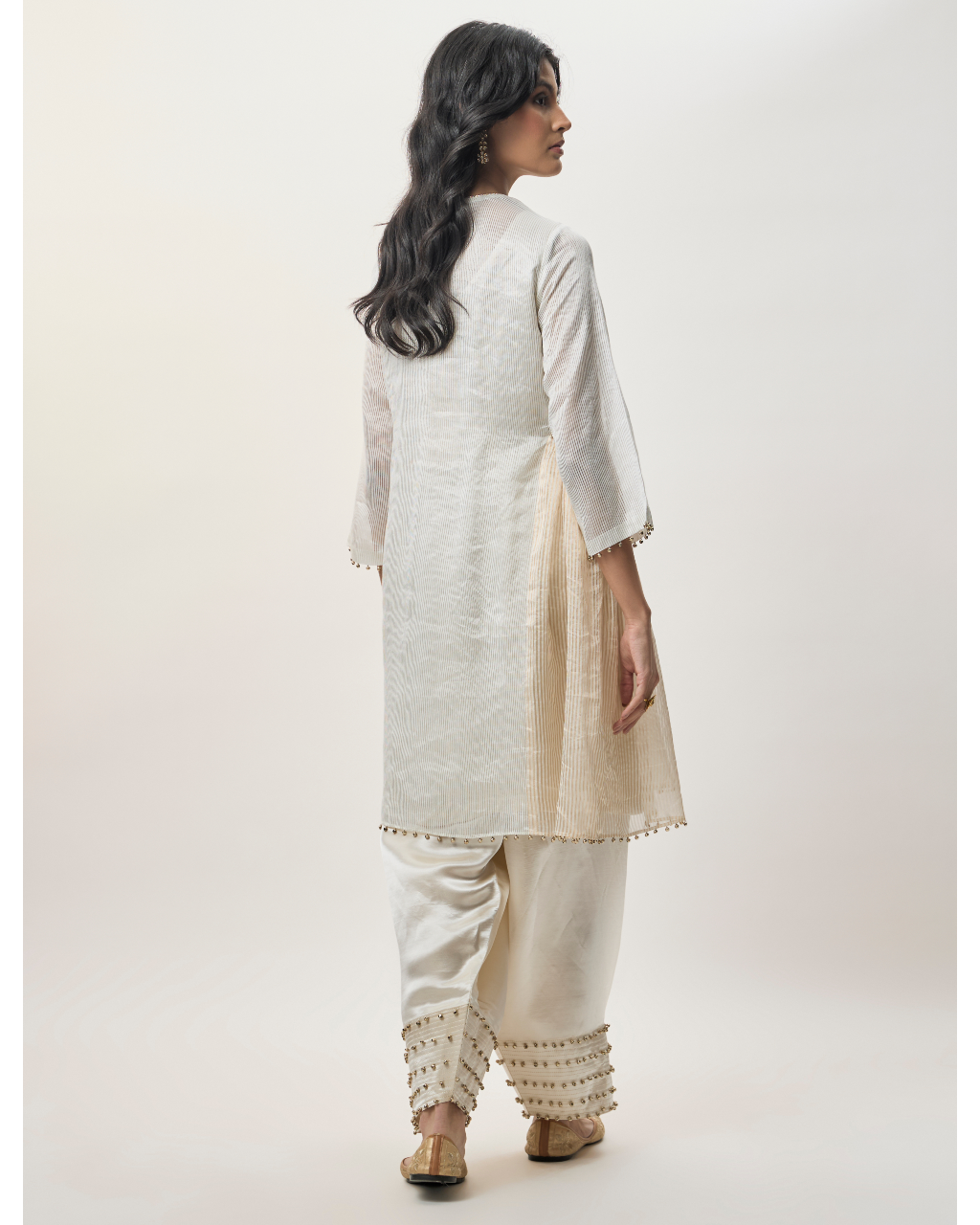 Rangrez Silver Gold Stripe Tissue Embroidered Yoke Kurta With Farshi Salwar And Organza Dupatta