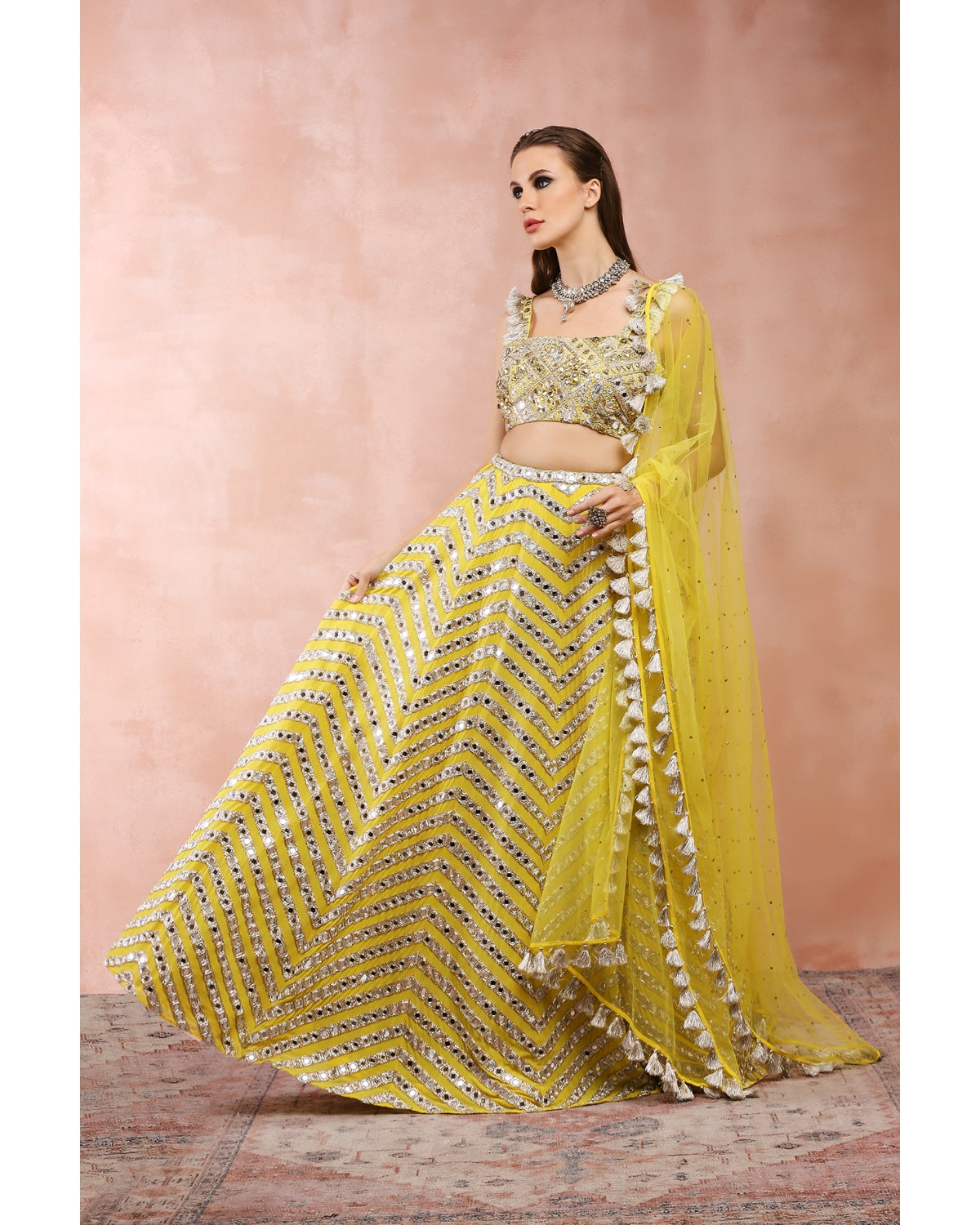 Yellow Embroidered Blouse And Lehenga With Dupatta