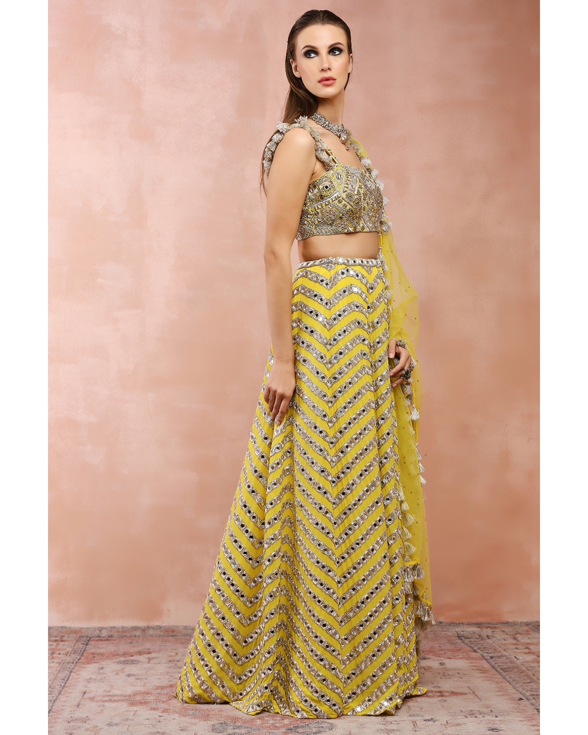 Yellow Embroidered Blouse And Lehenga With Dupatta