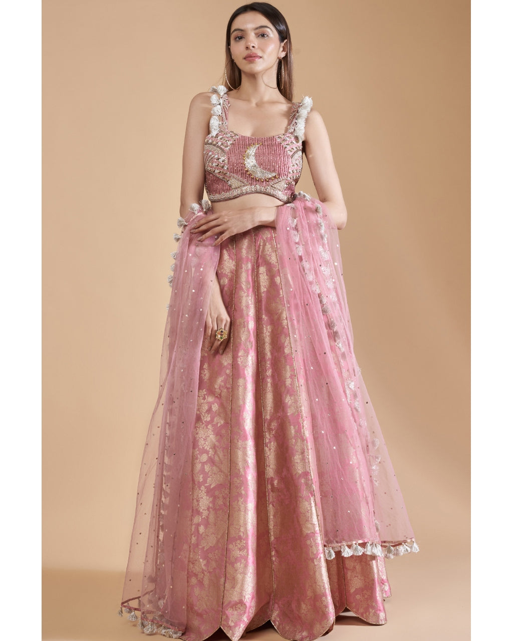 Rose Pink Embroidered Bustier With Lehenga Set