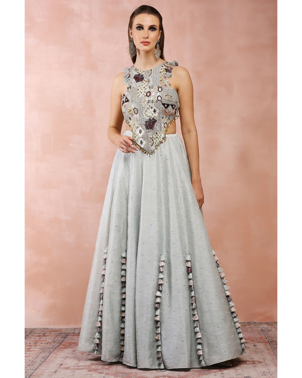 Powder Blue Applique Embroidered Blouse With Lehenga by Payal Singhal