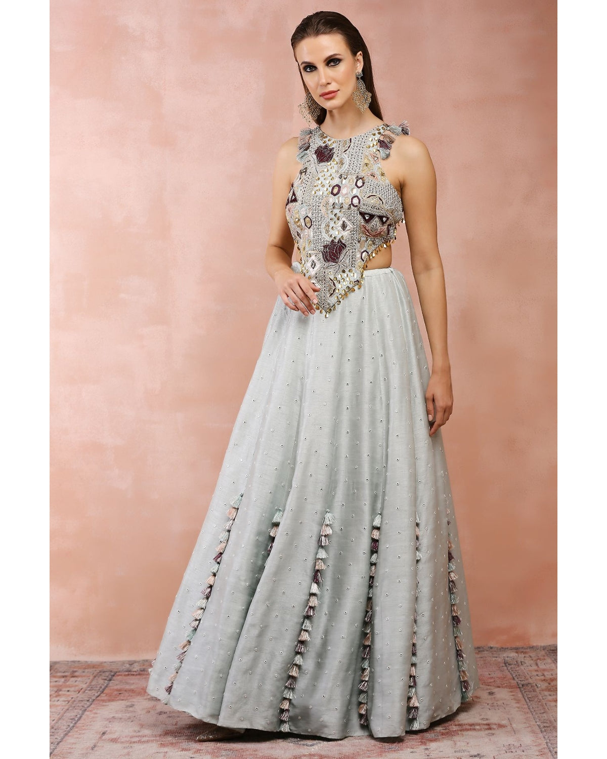 Powder Blue Applique Embroidered Blouse With Lehenga by Payal Singhal