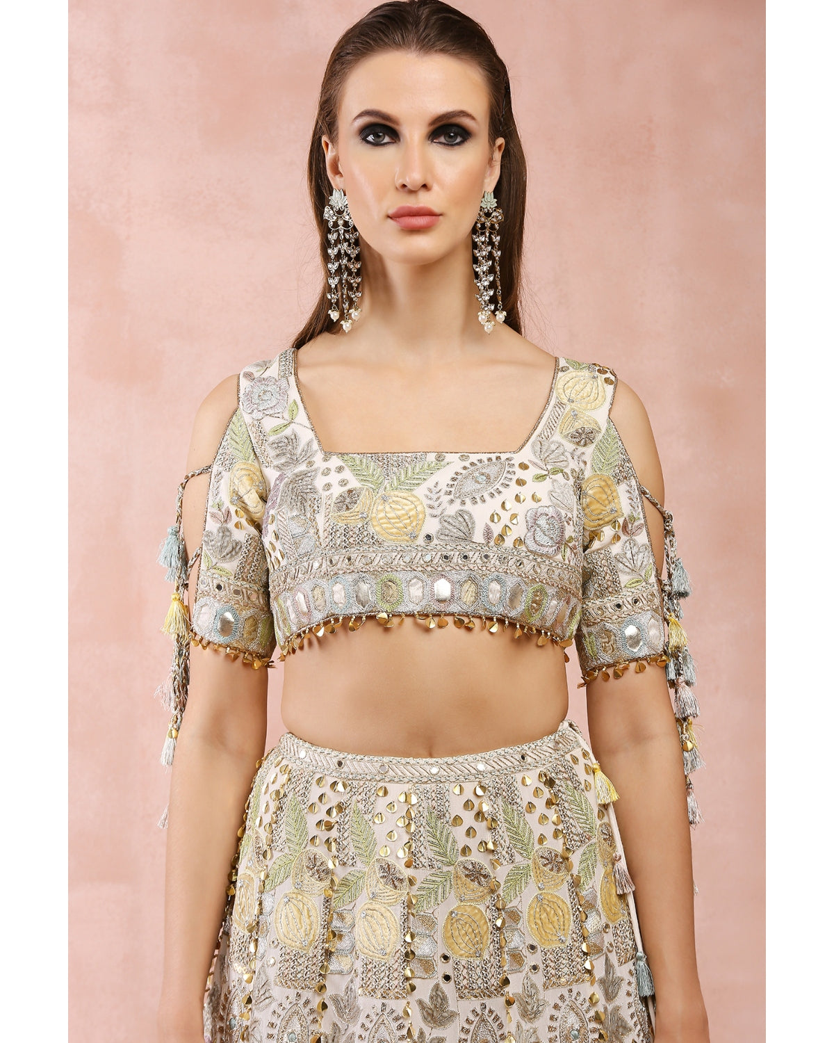 Off White Applique Embroidered Blouse And Lehenga Set