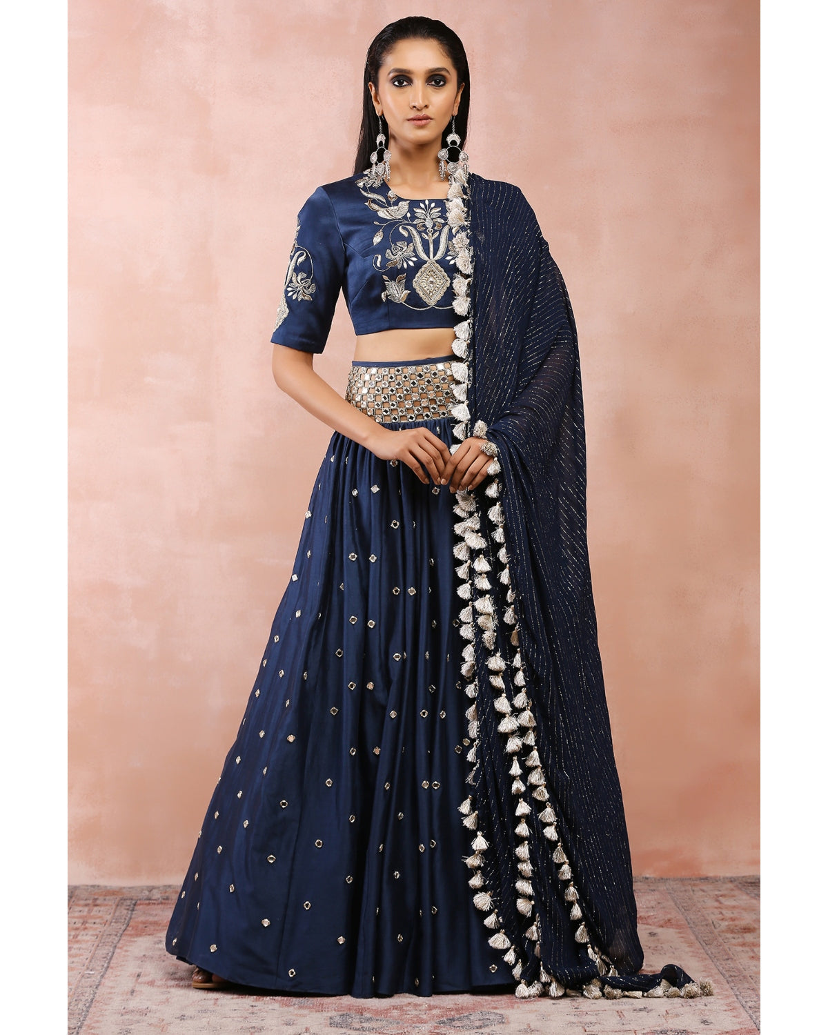 Navy Embroidered Blouse And Cutwork Belt Lehenga With Dupatta