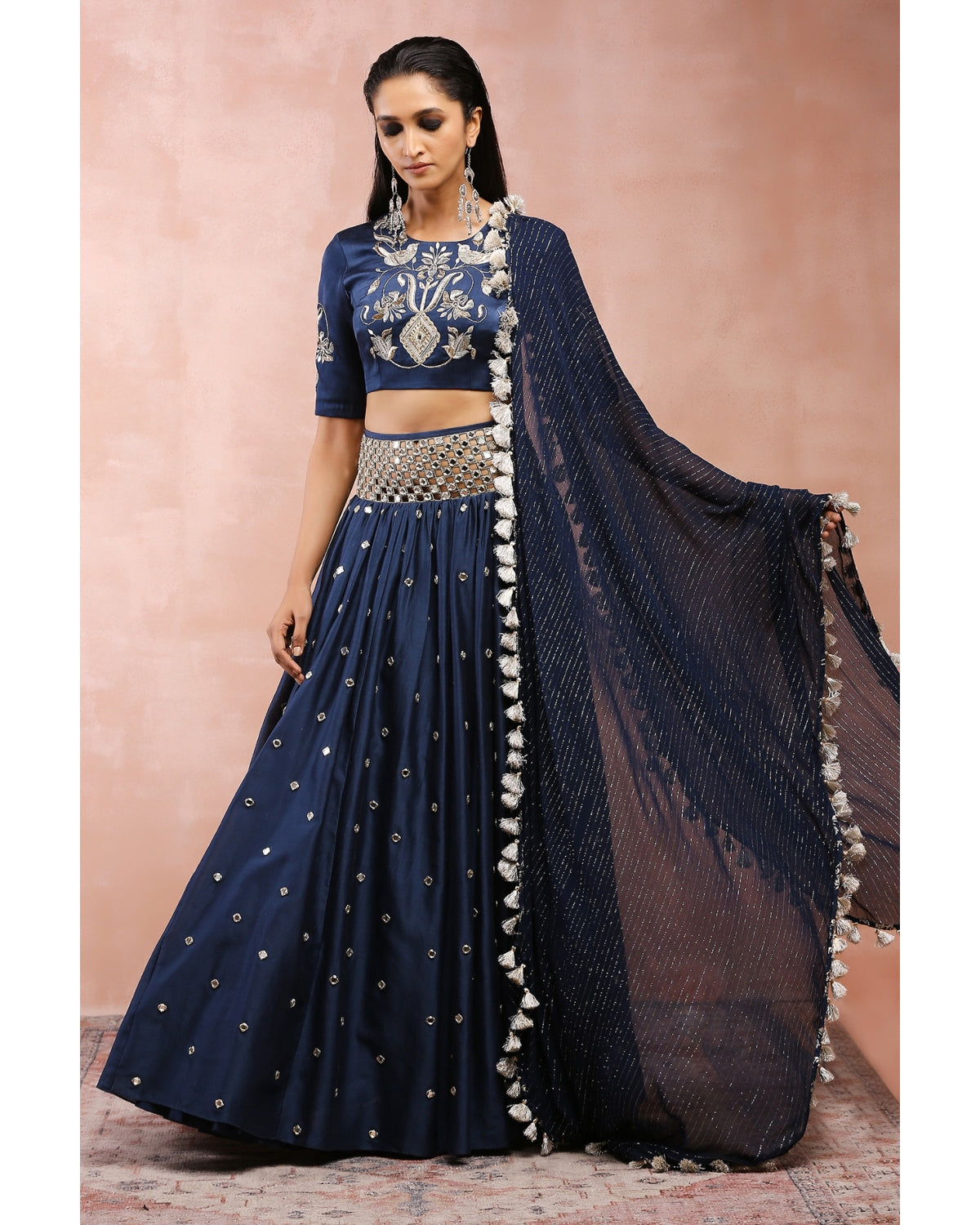 Navy Embroidered Blouse And Cutwork Belt Lehenga With Dupatta Payal