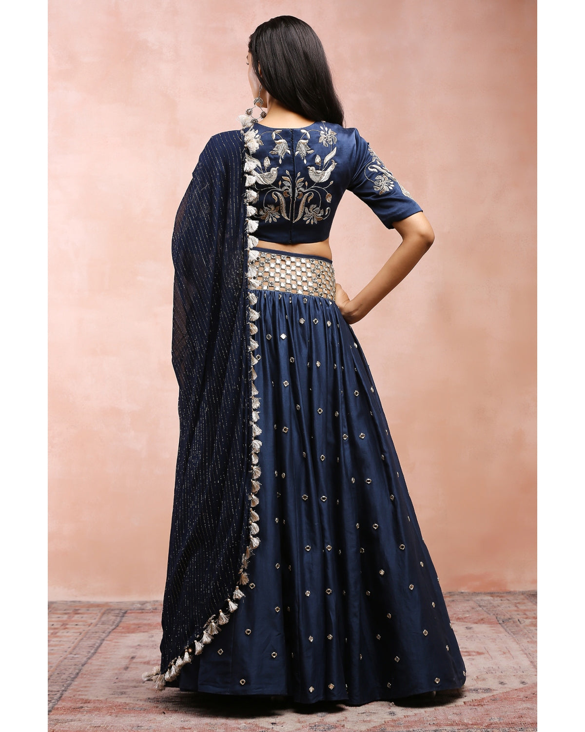 Navy Embroidered Blouse And Cutwork Belt Lehenga With Dupatta Payal