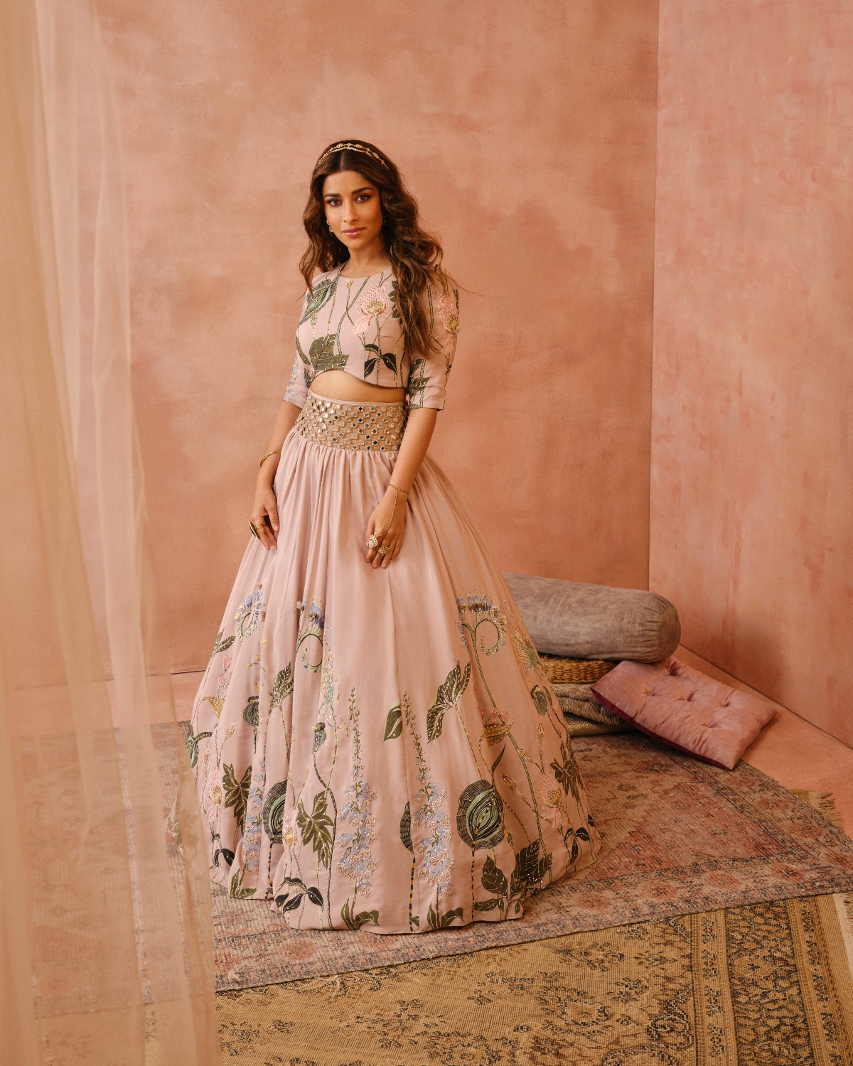 Rose Pink Niloufar Print Embroidered Blouse With Lehenga And Dupatta
