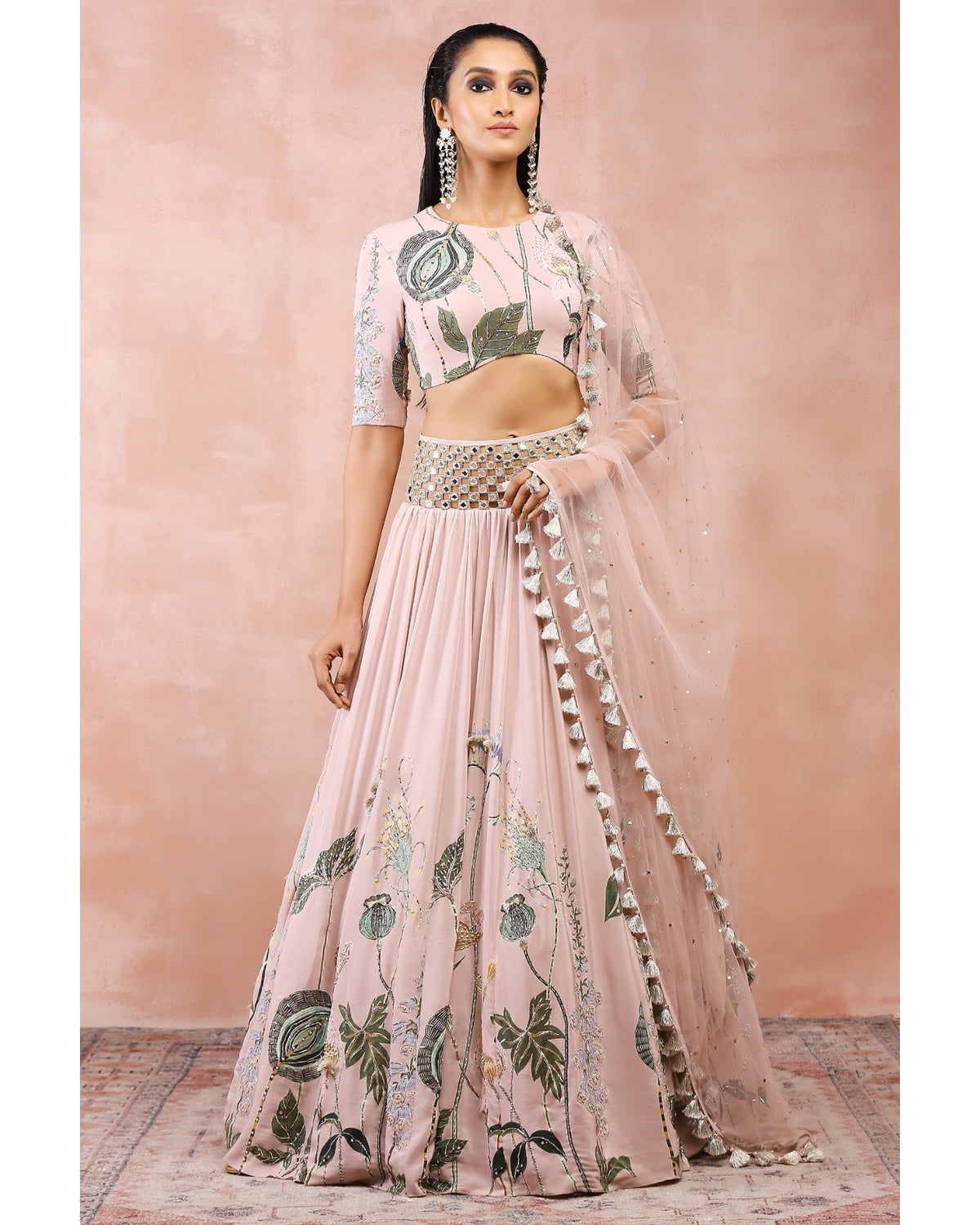 Rose Pink Niloufar Print Embroidered Blouse With Lehenga And Dupatta |  Payal Singhal – KYNAH