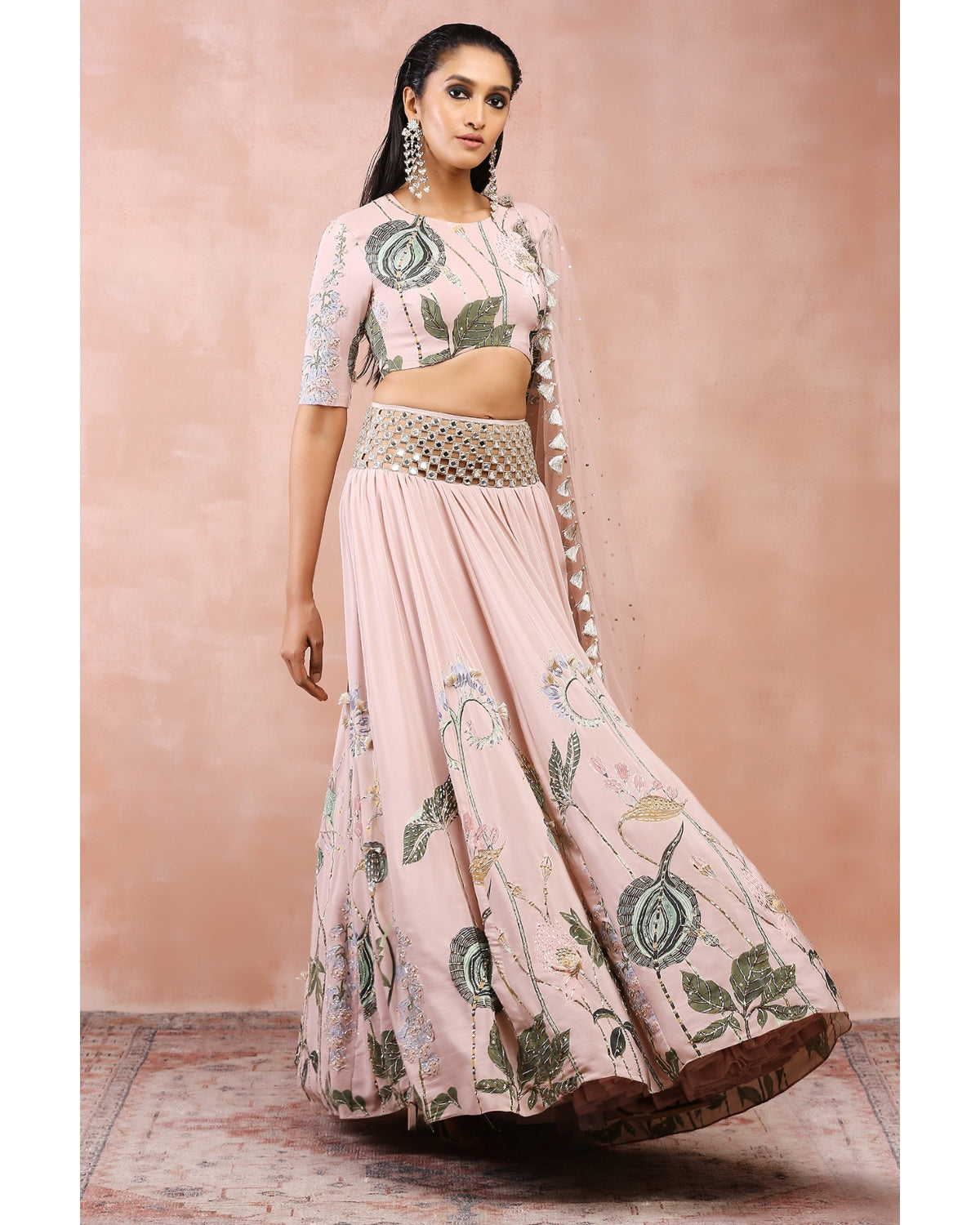 Rose Pink Niloufar Print Embroidered Blouse With Lehenga And Dupatta Payal Singhal KYNAH