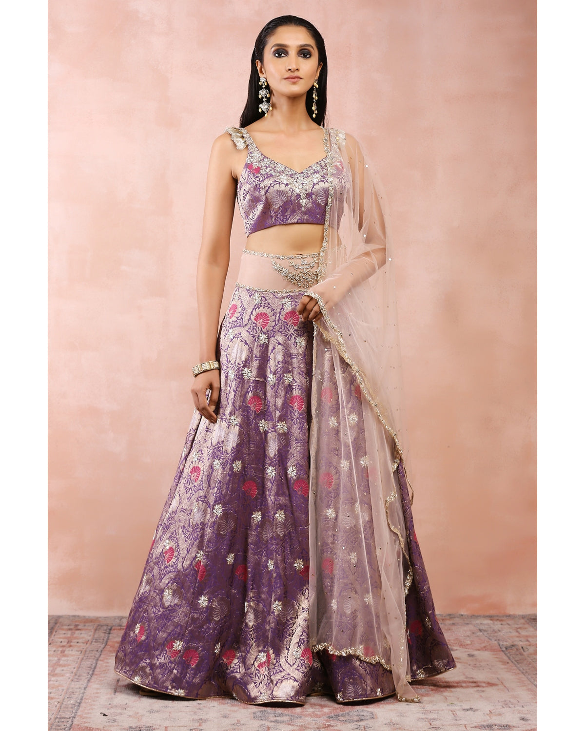 Purple Embroidered Blouse And Lehenga With Rose Pink Dupatta by Payal Singhal